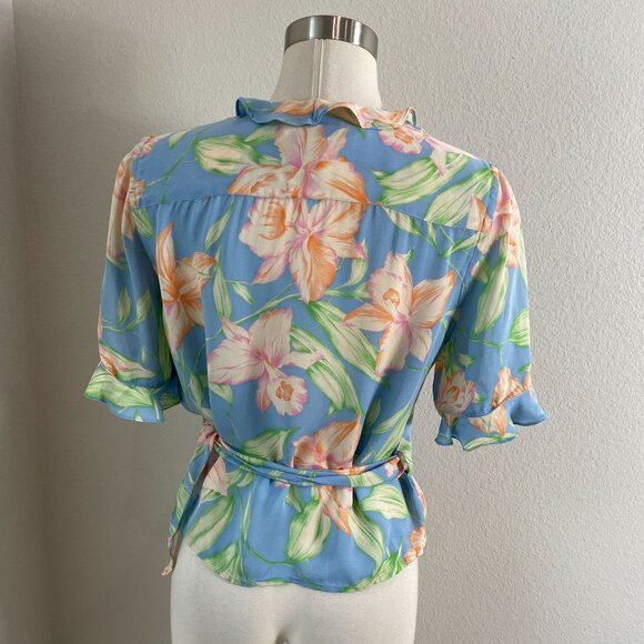 Lauren Ralph Lauren Womens Medium Floral Wrap Top 100% Silk Ruffle Front Blouse - Picture 7 of 7